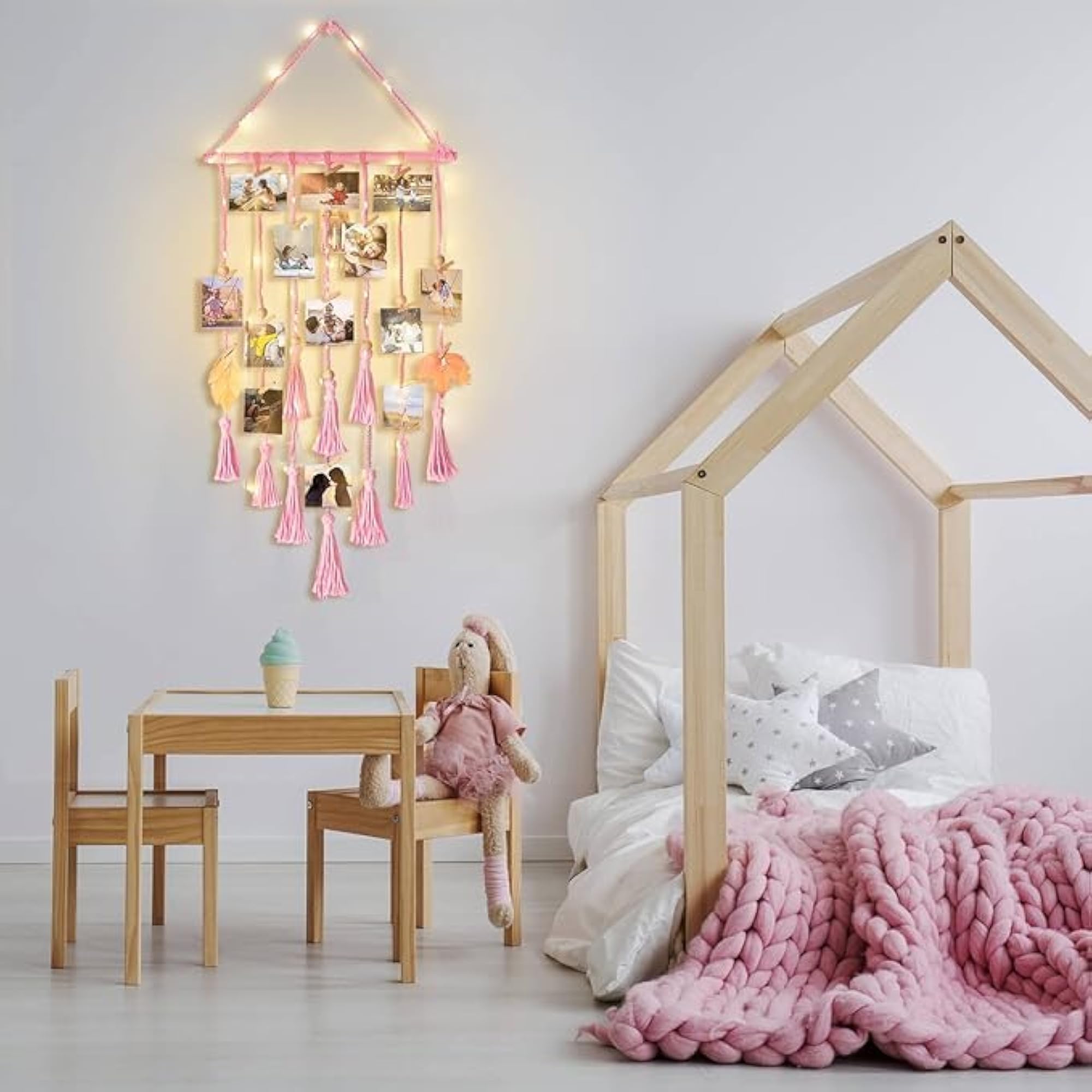 Boho Macrame Hanging Photo Display with Lights, 30 Clips