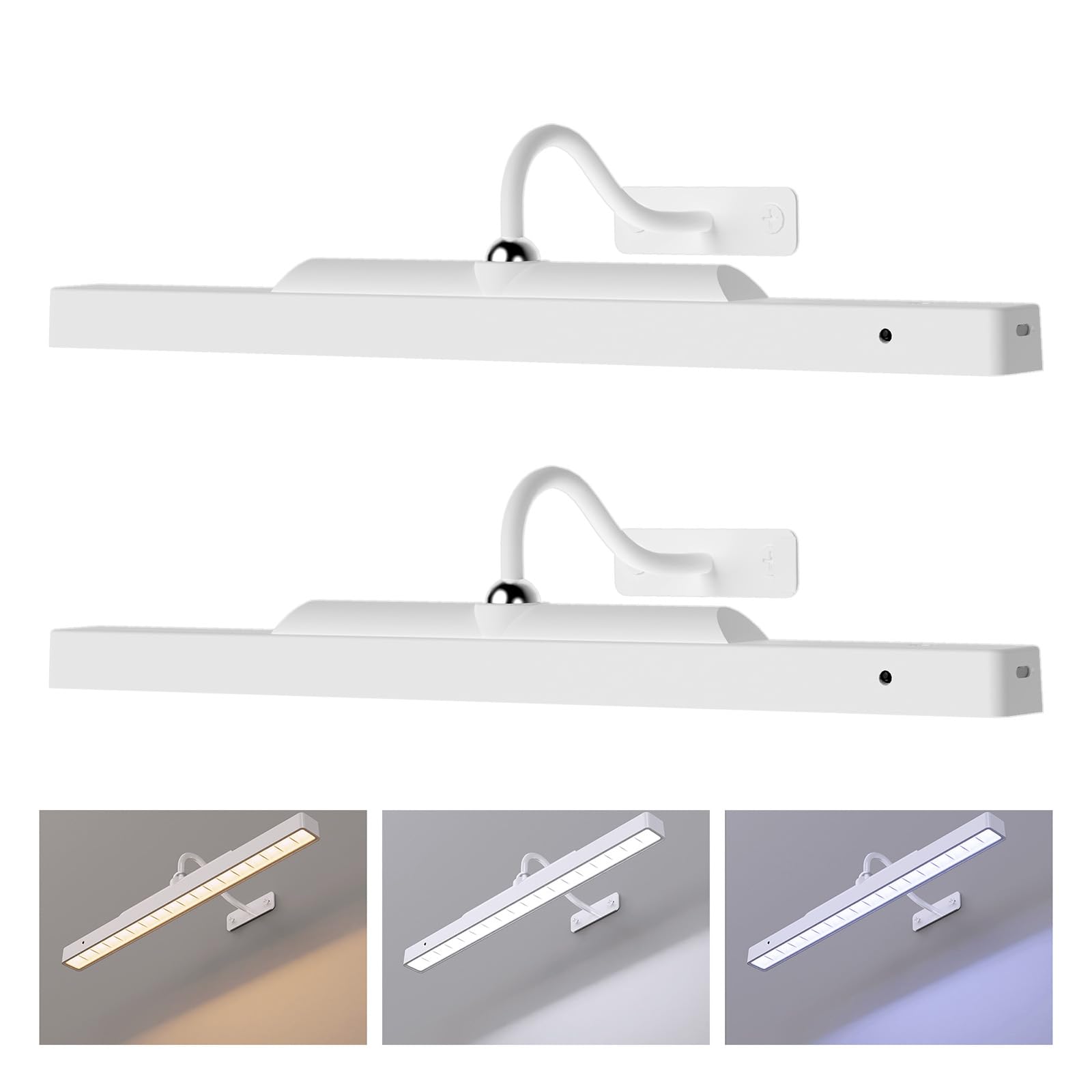 Cordless White Picture Lights for Wall Artworks - Wireless Remote, 3 Modes Dimmable 350LM Above Frame Lighting, 5000mAh Rechargeable Battery Wall Mount for Photo, Gallery,Paintings,Dartboard(2-Pack)