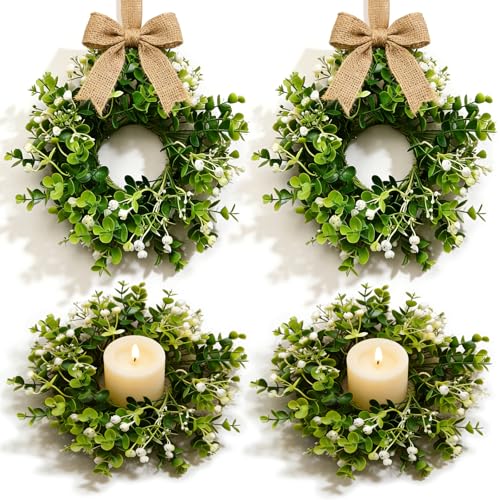 4 Pcs Small Spring Summer Candle Ring Wreaths with Artificial Eucalyptus Greenery White Buds Mini Pillar Candle Holder Wreath for Home Kitchen Cabinets Table Centerpieces Front Door Wedding Decor