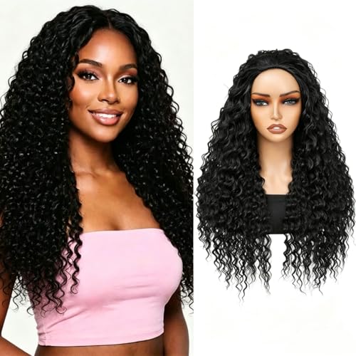Humistwbiu Half Wig Kinky Curly Synthetic Hair 3 In 1 Invisible Hairline Beginner Friendly Drawstring Ponytail Headband Wigs for Black Women 24 Inch (1B Kinky Curly)