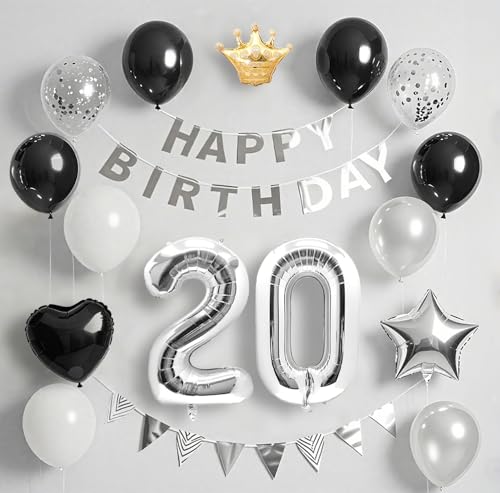 20歳 誕生日 飾り付け バルーン セット ブラック＆シルバー happy birthday バナー & 数字バルーン 紙吹雪 王冠付き 豪華パーティー装飾 男の子 女の子兼用