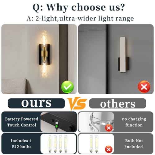 Image of Rechargeable Wall Sconce Set of 2, Battery Operated Wall Sconce, Wireless Wall Lamp with Water Ripples Glass Tube, Non-Hardwired Wall Sconces, Modern Vanity Light Fixtures for Bedroom, Hallway, Aisle