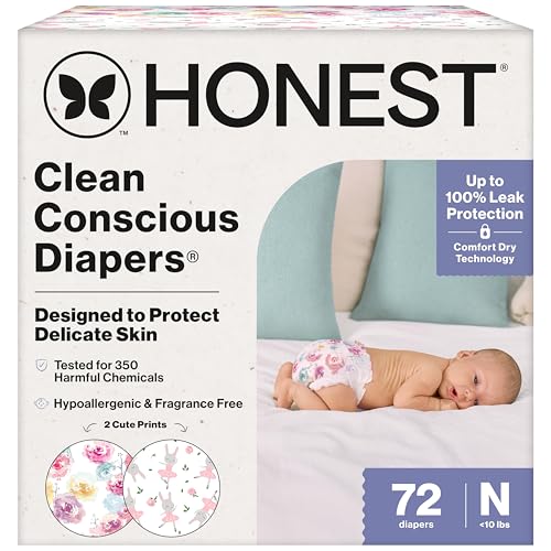 The Honest Company Comfort Dry Disposable Diapers for Sensitive Skin, Hypoallergenic, Rose Blossom + Tutu Cute, Club Box Size Newborn 72 Count