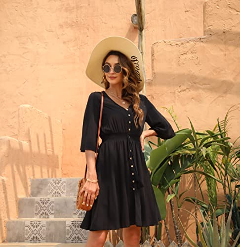 Image of VintageClothing Women's Floral Sundresses Flowy Boho Summer Beach Dress | Lightweight Breathable material,Elegant V Neck and Button Front Design,Flared Bell Sleeve Cut,Mini Casual dress