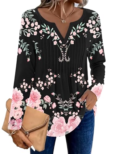 Zeagoo Womens Long Sleeve Tops 2026 V Neck Pleated Shirts Dressy Casual Tunic Blouses Loose Fit Fall Fashion Clothes - Image 3