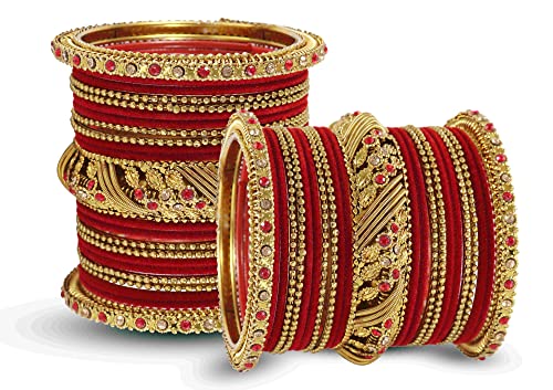 Image of NMII Metal with Zircon Gemstone and Beads Studded Ball Chain Linked Glossy Finished Velvet Bangles Chuda set for Women and Girls
