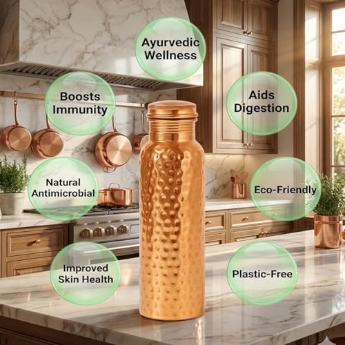 Image of Taluka 100% Real Pure Copper Water Bottle For Drinking 34 OZ /1000 ML Hammered Copper Bottle With Straw Handcrafted Leak Proof Design Ayurveda Health Benefits For Yoga Office Travel Gym