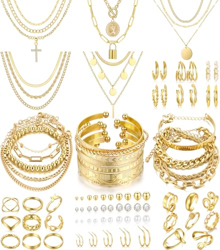 Image of FAXHION 68 Pcs Gold Jewelry Set for Women with 7 Necklace, 17 Bracelet, 5 Hoop Earrings, 15 Stud Earrings, 24 Knuckle Rings for Women Jewelry Set for Women Gift