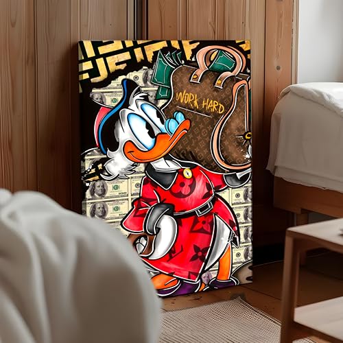 Image of Luxury Cartoon Duck Money Pop Art Canvas Painting For Living Room | Work Hard Success Theme Graffiti Wall Art Painting | Modern Street Style Artwork for Home & Office, 56x86 cm