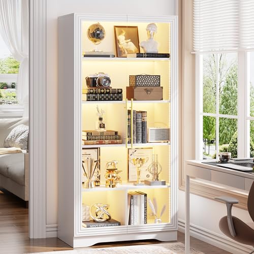 Image of LVSOMT Bookcase with Glass Doors and LED Light, Home Office Bookshelf White | 65 inch Tall Display Cabinet with Adjustable Shelves, Human Sensor, 5 Tier Storage Case for Collectibles, Living Room Study Room