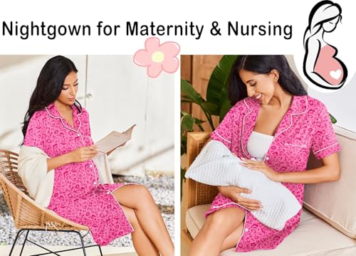 Image of Ekouaer Nightgowns for Women Button Down Sleepshirt Short Sleeve Nightshirt Boyfriend Pajamas V Neck Nightdress S-XXXL