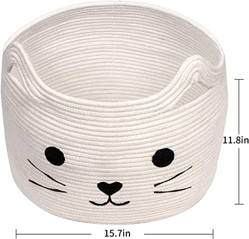 Image of ALBY Woven,Tall Wicker Laundry Basket for Blankets,Clothes,Pillows,Toys,Shoes Large Cotton Laundry Hamper for Bedroom Living Room Bathroom Nursery (15d'' x 12h'' inch, Off-White cat)