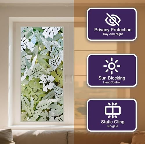 Image of HOME13 Window Privacy Film Frosted Glass Film Decorative Window Sticker Removable Window Film Home Office Privacy Film Window Coverings (Palm Leaves, 2 Feet by 12 Feet)