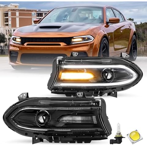 JSBOYAT Halogen Type Headlight Assembly Compatible with 2015-2021 Dodge Charger Projector Headlamp w/LED DRL w/o Logo Bulbs Included Driver and Passenger Side Cover