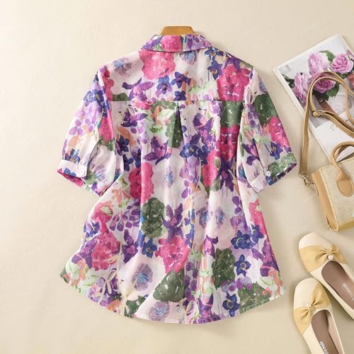 Image of Gufrina Women Mustard Multicolor Floral Print Button-Down Shirt with Elbow Sleeves and Collar Neck in Soft Breathable Fabric Ideal for Casual wear and Relaxed Styling