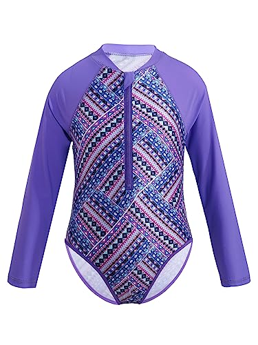 Kids Girls One-Piece Swimwear Tropical Style Rash Guard Long Sleeves Swimsuit Palm Zippered Bathing Suit - Main Image