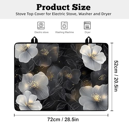 Image of Multi-Design Stove Top Cover for Glass /Electric Stoves - 3-in-1 Heat-Resistant Protector Mat, Non-Slip Drying Rack 28 inchx20 inch (White Flowers, 28 inch L x 20 inch W)