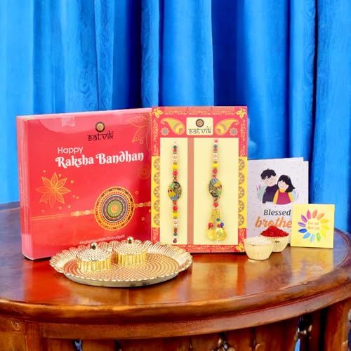 SATVIK Couple Rakhi: Bhaiya Bhabhi Rakhi Set with Kumkum Holder Thali, Roli Chawal, Greeting Card, and Soun Stickers - Celebrate Raksha Bandhan with Elegance and Tradition2