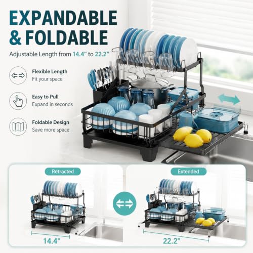 Image of COMFYHOME Double-Layer Pull-Out Iron Dish Drain Rack: Saves Space, Includes Cup Holder, Drain Board, Cutlery Rack Suitable for Pots, Pans, Cups, Cutlery