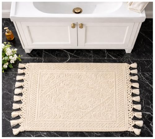 Savi Home Cotton Woven Jacquard Bathroom Rug, Woven Fringe Bathroom Mats, 100% Cotton, Non - Slip Bath Mat, Durable Thick Bath Mat 17”x30” with Fringes, Ivory