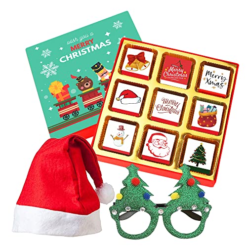 Image of Chocoloony Merry Christmas Chocolate Gift Box Assorted 9 pcs Milk Chocolate Bites with Santa Cap and X-Mas Tree Glasses.