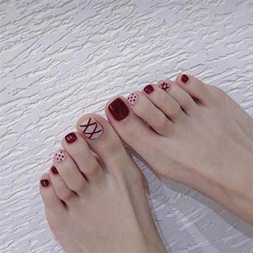 Lovely False Toenails with Designs Kit, DiscountOne Red Color Full Cover Medium False Gel Nails Art Tips Sets, 24pcs