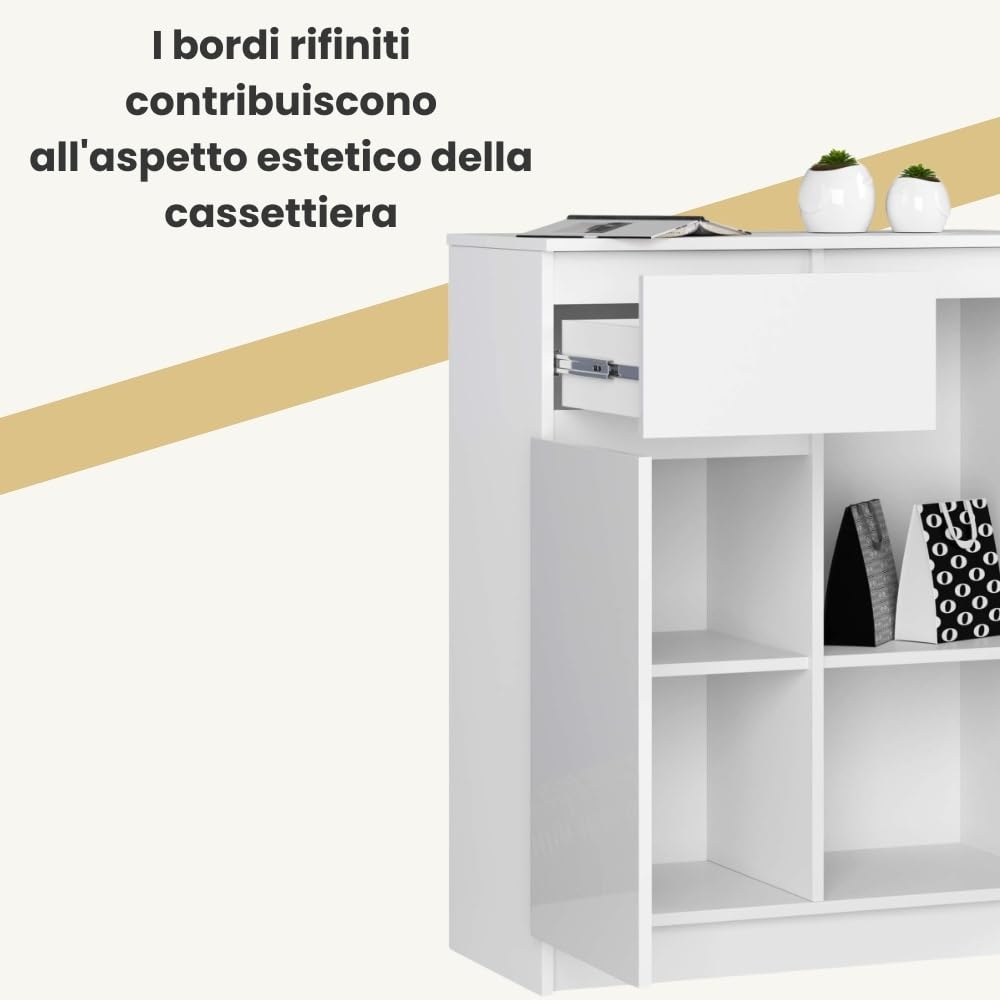 AKORD Cassettiera K80 con 2 ante e 1 cassetto | Mobiletti Ingresso Bagno | Armadio Cameretta | Comodino | Design moderno | L80 x H99 x P40 cm, peso 34 kg | Bianco & Bianco Lucido Frontale
