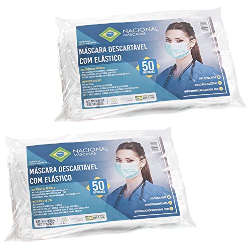 Embalagem com 100 Unidades de Máscara Branca Descartável Tripla com Filtro Meltblown + Clipe Nasal