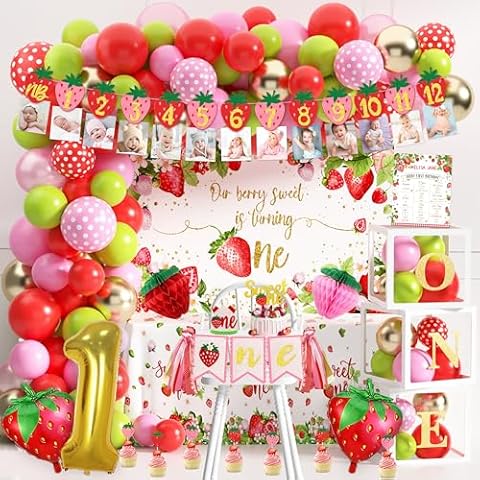 100 Pcs Strawberry 1st Birthday Party Decorations Berry First Birthday Decor for Girls Strawberry Theme Sweet One Birthday Party Supplies Include Banners Balloon Boxes Backdrop Tablecloth Crown Poster Cover