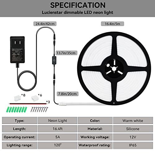 Lucienstar Neon Led Strip Lights, 12V Dc 600 Smd2835 16.4Ft/5M Ip65 Waterproof Dimmable Flexible Silicone Light Strip For Indoors, Outdoors, Bar, Atmosphere Decor (Cold White With Power Adapter) #TOP5