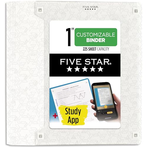 Five Star 3-Ring Binder + Study App 1 Inch Binder with D Rings and Customizable Clear View Cover 225 Sheet Capacity White (261440A-ECM)