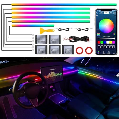 Dreamcolor Acrylic Interior Car LED Strip Light with Wireless APP, RGB 6 in 1 with 175 inches 593 LEDs Fiber Optic Strip Lights for Car, Dynamic Chasing Music Sync Neon Car Ambient Lighting Kits