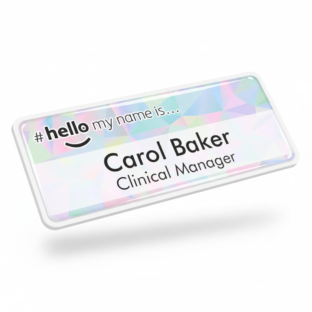 Badgemaster Hello My Name is Pink Blue Triangles Pattern Personalised Premium Domed Bespoke Custom Name Badge 76 x 32mm White/White