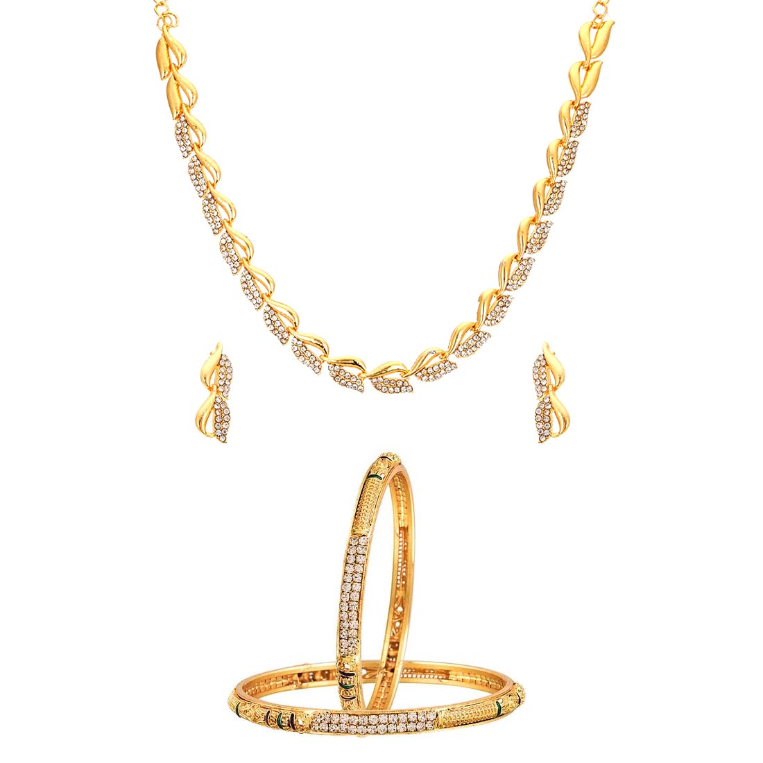 zeneme Fashion Jewellery American Diamond Designer Gold Plated Necklace Set & Bangles for Women & Girls-picture-18