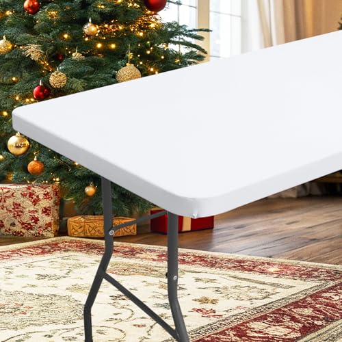 homing Rectangle Table Cloth Cover, Waterproof Polyester Elastic Fitted Tablecloth, Fits for 6 Foot Folding Tables, Washable Table Protector for Picnic, Camping, Outdoor (White, 30