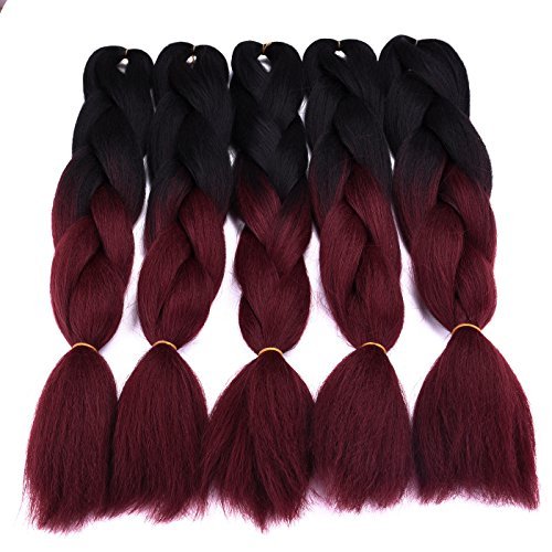Silike Jumbo Braid Crochet Hair For Students (5 Pieces) 24" Ombre Bug Kanekalon Jumbo Braiding Hair Extension (Black/Ruby)