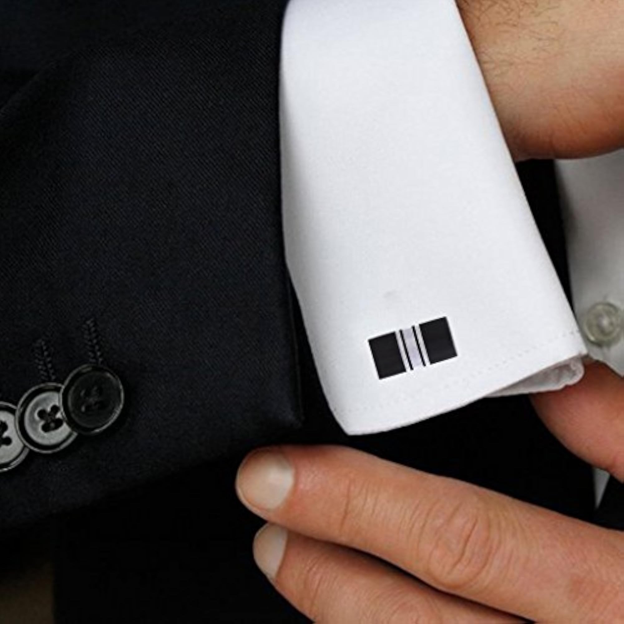 Men's Zivom Stripes Rectangle Black Silver Cufflink Pair