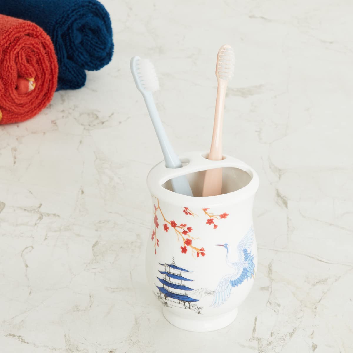 Home Centre AOA Pagoda Pride White Printed Ceramic Tooth Brush Holder
