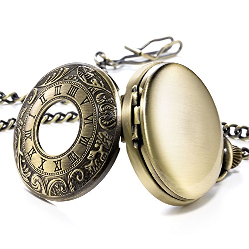 Image of TREEWETO Mens Skeleton Mechanical Pocket Watch, Retro Roman Numerals, Half Hunter, Bronze
