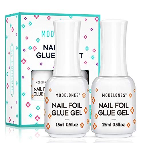 Modelones Foil Glue Nail Art for Foil Stickers Nail Transfer Tips Manicure Art DIY 15ML 2 Bottles LED Lamp Required Soak Off with Gift Box