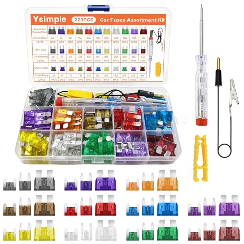 Ysimple 220Pcs Kfz Sicherung Set Auto Sicherungen 2A-40A Standard/Mini/Micro mit Stromkreis Teststift und Sicherung Sicherungszieher Wasserdicht Flachsicherungen Kfz für Pkw Wohnmobil LKW Motorrad