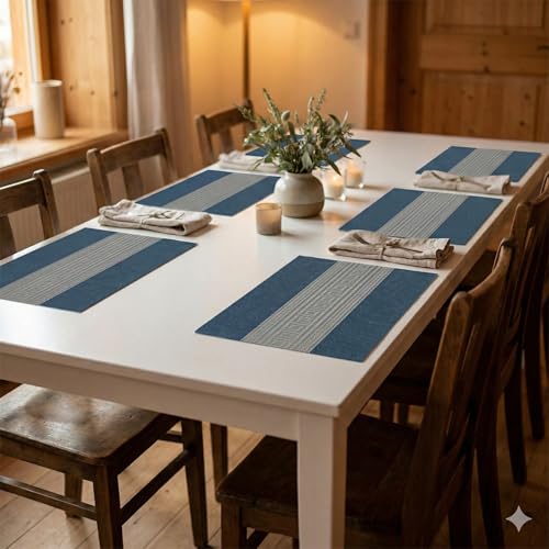 Image of YELONA Placemats Set of 6, Heat-Resistant Woven Vinyl Table Mats, Non-Slip & Washable Dining Tablemats for Kitchen & Dinner Decor, Midnight Blue (45cm x 30cm)