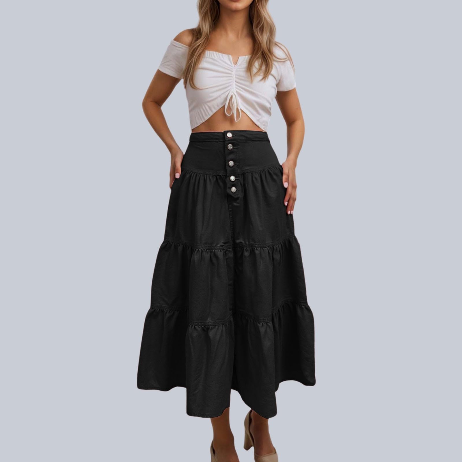 Falda Larga Mujer Verano, Faldas Mujer Verano Volantes, Larga Cintura Alta con Volantes Plisada Y Escalonada Ideal Ropa Calle Fiestas Y Atuendos Faldas Skirt Falda Lunares Falda Vaquera Minifalda