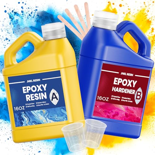 Epoxy Resin, 32OZ Epoxy Resin Kit Casting & Coating, Crystal Clear and NO Yellowing & NO Bubble and Self Leveling Easy Mix 1:1 for DIY Jewelry Making, Art Crafts, Wood & Resin Molds