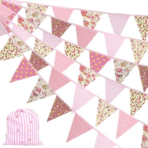 42pcs 12M40FT Fabric Bunting Decoration Pink Bunting Fabric Spring Summer