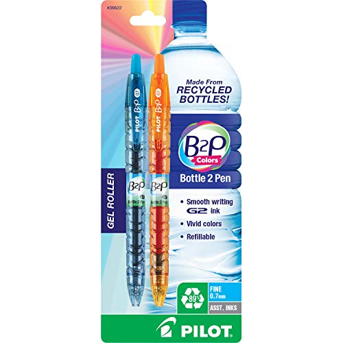 PILOT B2P Colors - Bottle to Pen Refillable & Retractable Rolling Ball Gel Pen Made From Recycled Bottles, Fine Point, Assorted Color G2 Inks, 2-Pack (36622)