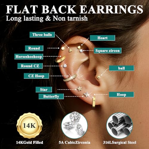 Hypoallergenic 14K Gold Flat Back Earrings Stacks for Women:316L Surgical Steel Small Hoops Earrings 20G Flat back Studs for Cartilage, Helix, Tragus|Trendy Earring Set for Multiple Piercing3