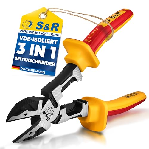 S&R Seitenschneider 220 mm VDE-isoliert 1000 V 60CrV-Stahl gesenkgeschmiedet hitze- induktionsgehärtet (Korpus 4248 HRC/Schneidkantenhärte 5662 HRC) für Kupfer Aluminium Drähte