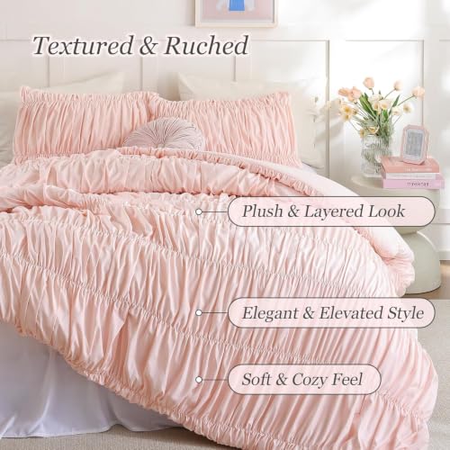 Image of weigelia Ruched Comforter Set Twin Size, 2 Piece Blush Pink Ruffle Bedding Set with 1 Pillowcases, Soft Lightweight Polyester Comforter for Girls Room, Dorm, Boho Bed Set