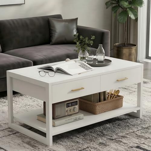 Image of Multi-Functional Coffee Table with Foot-Sensor Light, 2 Large Drawers & Open Shelf, Sturdy Frame Versatile Coffee Table with Vintage Metal Handle for Living Room /Office /Outdoor Patio